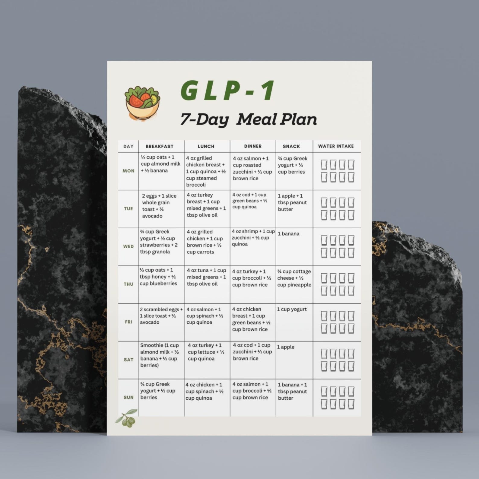 GLP-1 Meal Plan, 7 Day GLP1 Diet Meal Plan With Water Tracker, High ...