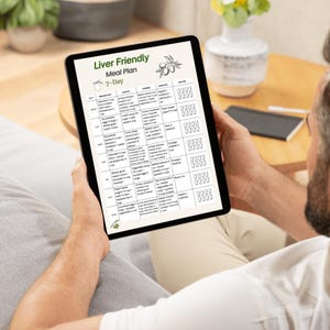 Liver Friendly 7 Day Meal Plan Printable PDF showing a weekly meal plan layout with breakfast, lunch, dinner and snack for each day. Digital food planning document using US measurements, designed as a clean, easy to read printable page. Includes A4 and US Letter formats. Digital download file, no physical item included.