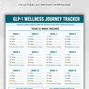 May include: A GLP-1 Wellness Journey Tracker printable document with a teal header and white background. It features a 12-week tracking grid with icons for dose, weight, water, and energy, plus a checkbox for medication schedule adherence.