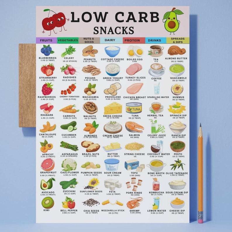 Low Carb Food Liste PDF, Keto Snack Ideen zum Ausdrucken, Low Carb Snacks Food Chart, zuckerfreies Kühlschrankblatt, Carb Tracker Planer Insert Bild 8