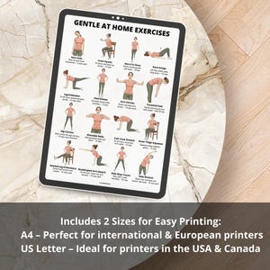 May include: A digital print featuring a guide to gentle at-home exercises. The poster displays various exercises with illustrations and instructions. Includes two sizes: A4 and US Letter.