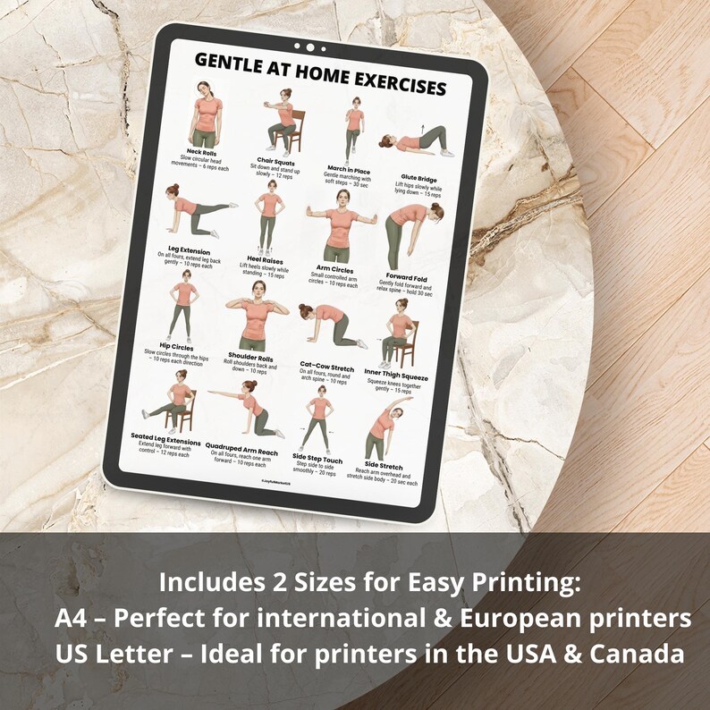 May include: A digital print featuring a guide to gentle at-home exercises. The poster displays various exercises with illustrations and instructions. Includes two sizes: A4 and US Letter.