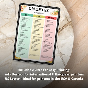 K&ouml;nnte beinhalten: Ein digitales Tablet zeigt eine Diabetes-Lebensmittelliste mit den Abschnitten &bdquo;Essen&ldquo;, &bdquo;Einschr&auml;nken&ldquo; und &bdquo;Vermeiden&ldquo;. Die Liste enth&auml;lt Lebensmittel wie Wasser, Avocado und Lachs. Das Tablet liegt auf einer marmor&auml;hnlichen Oberfl&auml;che.