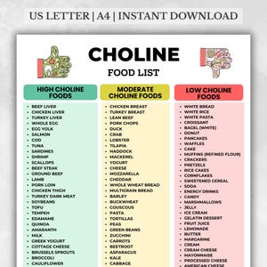 Lista de alimentos con colina (PDF imprimible), tabla de alimentos con alto contenido de colina, lista de alimentos para dietas con bajo contenido de colina y alto contenido de colina, lista de compras de 3 columnas
