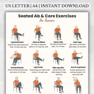 May include: A printable exercise guide for seniors, featuring illustrations of seated ab and core exercises. The guide includes instructions for leg extensions, knee-to-elbow, pelvic tilts, heel taps, forward reach, leg circles, side leg lifts, and arm and leg reach.