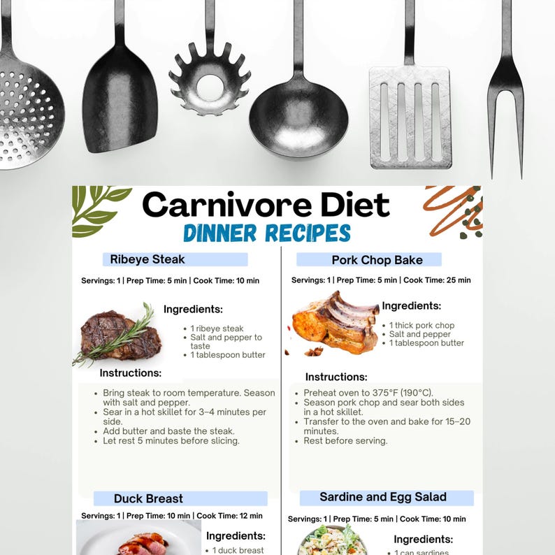 Carnivore Diet Meal Plan printable PDF with 18 animal-based recipes and a bonus food chart. Includes categorized breakfast, lunch, dinner, and snack ideas, plus a visual carnivore food guide. Designed for high protein, low carb, and carnivore-style eating. Suitable for digital use or printing. Includes A4 and US Letter formats. No physical product included.