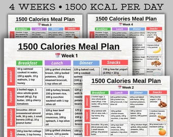 May include: A 4-week 1500-calorie meal plan with daily breakfast, lunch, dinner, and snack options. The plan includes various meals with ingredients like oatmeal, chicken, cod, and yogurt. The text is in a clear, easy-to-read format.