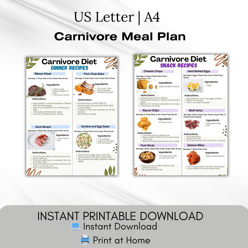 Carnivore Diet Meal Plan printable PDF with 18 animal-based recipes and a bonus food chart. Includes categorized breakfast, lunch, dinner, and snack ideas, plus a visual carnivore food guide. Designed for high protein, low carb, and carnivore-style eating. Suitable for digital use or printing. Includes A4 and US Letter formats. No physical product included.