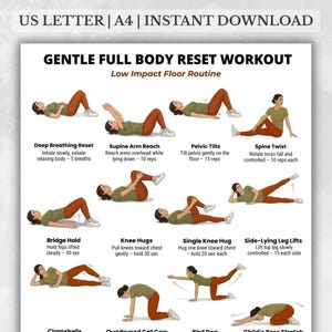 May include: A white printable with a "Gentle Full Body Reset Workout" routine. The routine includes exercises like Deep Breathing Reset, Supine Arm Reach, Pelvic Tilts, and Spine Twist. The printable is designed for low-impact floor exercises.