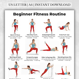 Peut inclure: Un tableau de routine de fitness pour débutants avec des illustrations d'exercices tels que des squats, des fentes et des pompes. Les exercices sont démontrés par une femme en haut bleu et pantalon rouge. Le texte en haut indique "US LETTER | A4 | INSTANT DOWNLOAD".