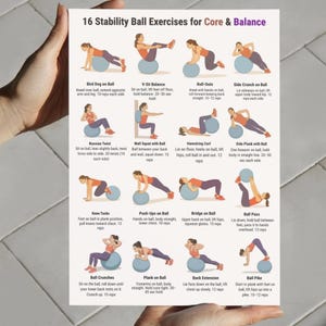 Printable fitness poster showing 16 stability ball exercises for core and balance training, illustrated step-by-step workout chart using an exercise ball, designed as a clean A4 and US Letter PDF for home workouts and gym wall reference.