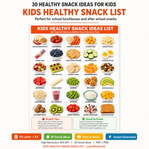 Lista imprimible de ideas para snacks saludables para niños / 30 snacks saludables para niños en PDF / Snacks para la lonchera escolar / Guía de snacks para después de la escuela (regalo)