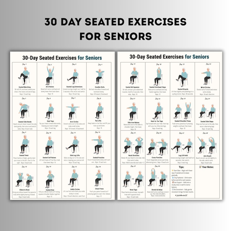 30 Day Seated Exercises for Seniors Printable | Chair Exercise Chart ...