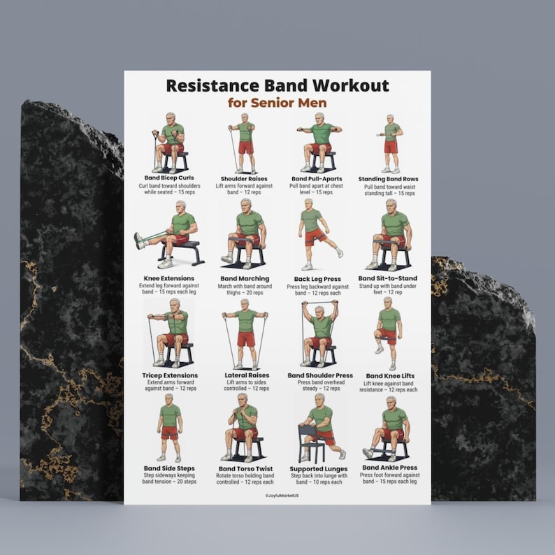 Resistance Band Workout for Senior Men printable poster with 16 seated and standing resistance band exercises for home strength training PDF