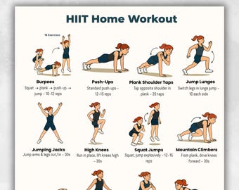 HIIT Workout zu Hause | Ganzkörper Cardio Übungsblatt | 16 Illustrierte HIIT Moves | Home Fitness Routine PDF