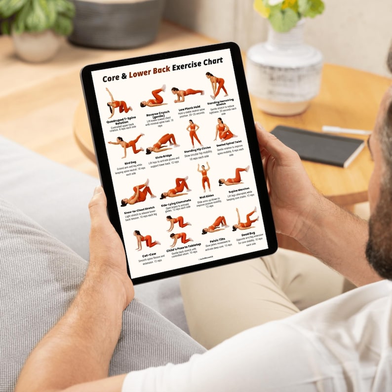 Printable low impact core and back exercise chart showing illustrated stability and strength movements. Clean home workout poster designed as a visual exercise reference. Includes core-focused and back-focused exercises presented in an easy-to-read layout. Suitable for home workouts, fitness wall displays, or digital use. Available as printable A4 and US Letter PDF files.