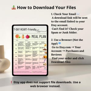 Printable 7-day heart-friendly meal plan PDF with clean eating ideas for breakfast, lunch, dinner, and snacks. Includes eat, limit, and avoid food chart. Designed for low sodium and whole food grocery planning. Suitable for those following a heart-conscious lifestyle or looking to organize weekly meals. US Letter and A4 formats. Instant digital download.