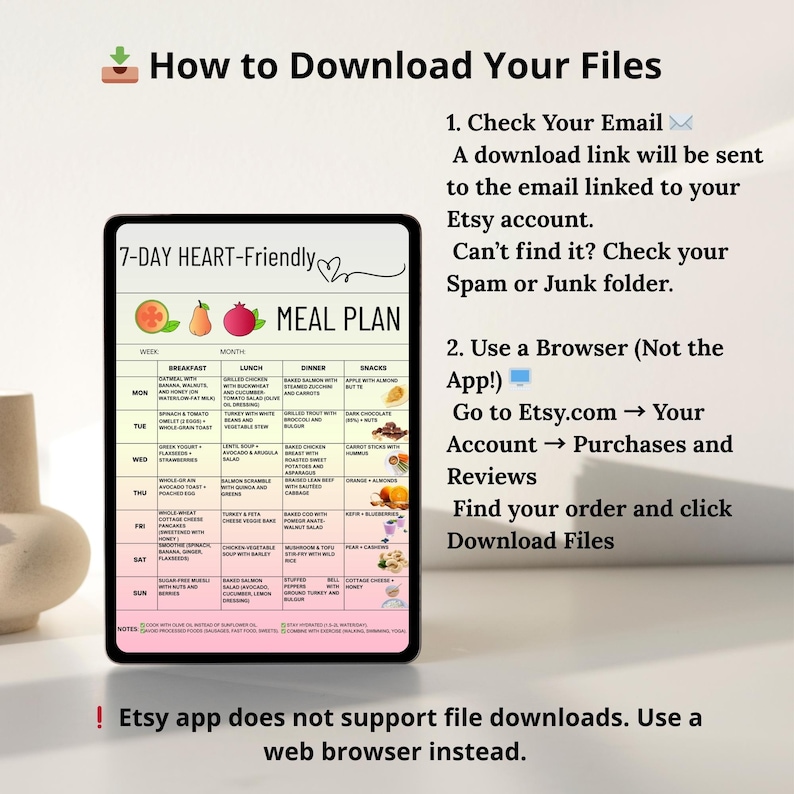 Printable 7-day heart-friendly meal plan PDF with clean eating ideas for breakfast, lunch, dinner, and snacks. Includes eat, limit, and avoid food chart. Designed for low sodium and whole food grocery planning. Suitable for those following a heart-conscious lifestyle or looking to organize weekly meals. US Letter and A4 formats. Instant digital download.