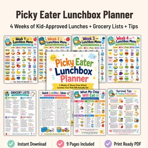 May include: A colorful "Picky Eater Lunchbox Planner" with 9 pages, including 4 weeks of kid-approved lunch menus, grocery lists, and tips. The planner features illustrations of food items and lunchbox ideas. The text says "Instant Download" and "Print Ready PDF".