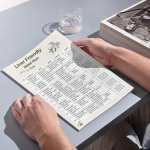 Liver Friendly 7 Day Meal Plan Printable PDF showing a weekly meal plan layout with breakfast, lunch, dinner and snack for each day. Digital food planning document using US measurements, designed as a clean, easy to read printable page. Includes A4 and US Letter formats. Digital download file, no physical item included.