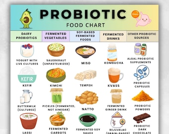Tableau des aliments probiotiques imprimable | Liste d'aliments probiotiques PDF | Graphique des aliments fermentés | Aliments probiotiques imprimable | Aliments probiotiques PDF numérique