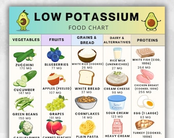 Low Potassium Food Chart, Renal Diet Food List , Dialysis Grocery List, Low Potassium Foods List Printable,  Kidney-Friendly Meal Prep PDF