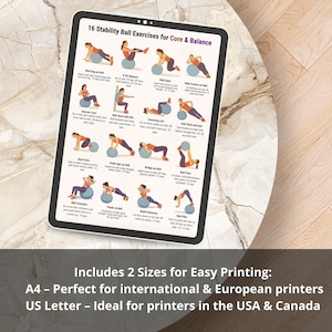 Printable fitness poster showing 16 stability ball exercises for core and balance training, illustrated step-by-step workout chart using an exercise ball, designed as a clean A4 and US Letter PDF for home workouts and gym wall reference.