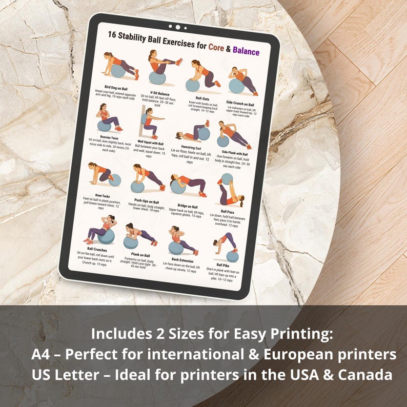 Printable fitness poster showing 16 stability ball exercises for core and balance training, illustrated step-by-step workout chart using an exercise ball, designed as a clean A4 and US Letter PDF for home workouts and gym wall reference.