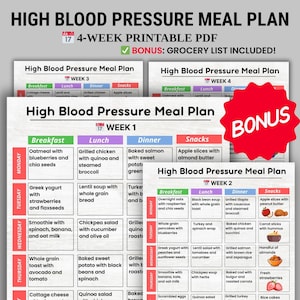 High Blood Pressure Meal Plan 4 Week PDF, DASH Diet Weekly Menu Printable, IBS-Friendly Low Sodium Foods, Bonus Grocery List Download