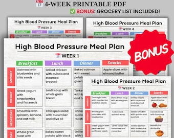 Plano de refeições para pressão alta em PDF por 4 semanas, cardápio semanal da dieta DASH para impressão, alimentos com baixo teor de sódio e adequados para SII, lista de compras bônus para download