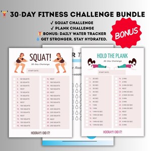 May include: A fitness bundle with a 30-day squat and plank challenge, plus a daily water tracker. The bundle includes two white sheets with exercise charts and illustrations, and a red "BONUS" sticker. The text "GET STRONGER. STAY HYDRATED." is also included.