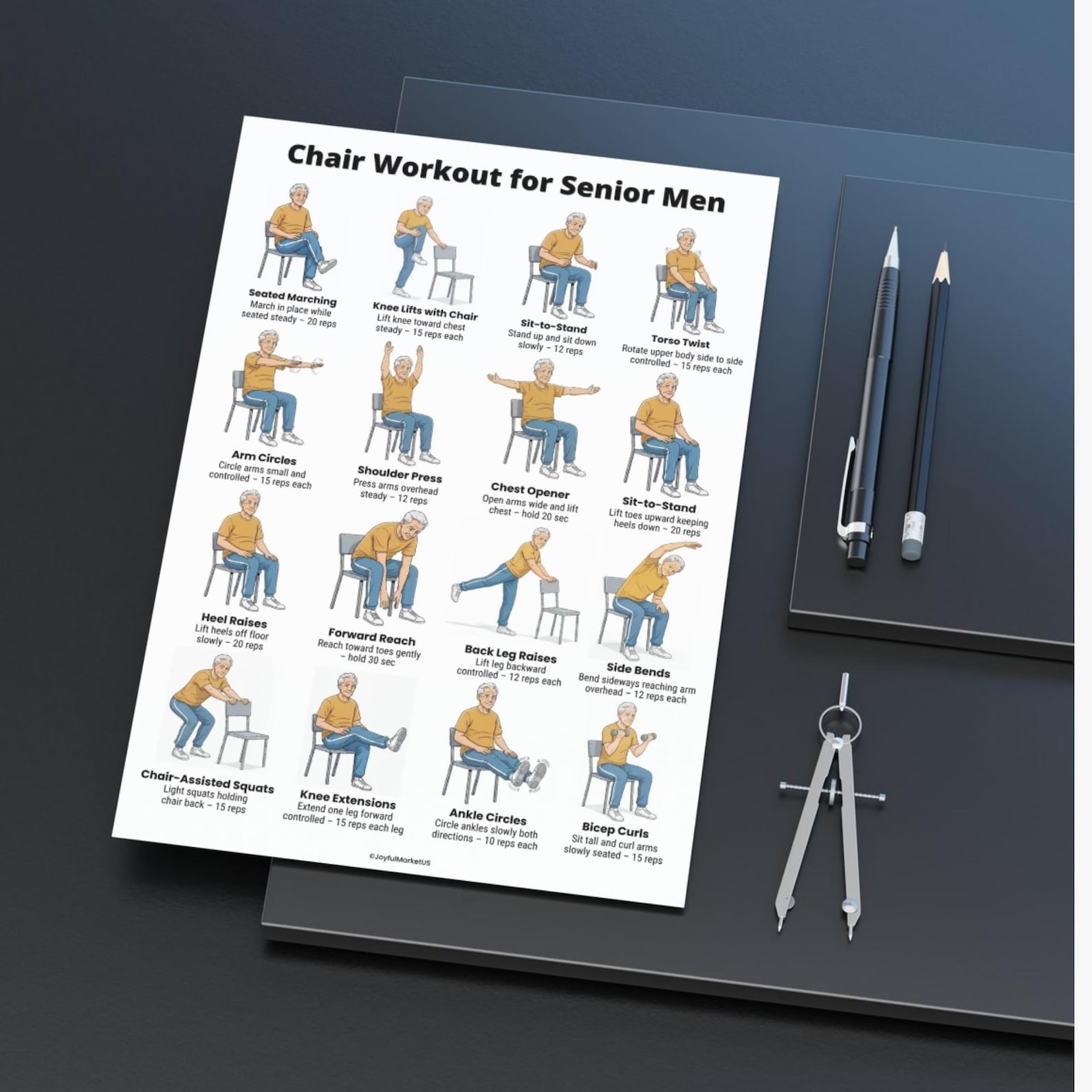 Chair Exercises for Senior Men Printable PDF, Seated Workout Poster A4