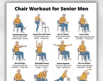 Esercizi sulla sedia per uomini anziani in formato PDF stampabile, poster di allenamento da seduti formato A4, tabella di 16 esercizi sulla sedia, fitness domestico per anziani