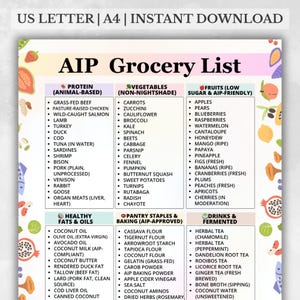 Può includere: Un elenco della spesa AIP (Protocollo Autoimmune) stampabile nei formati US Letter e A4. L'elenco è diviso in categorie: proteine, verdure, frutta, grassi e oli sani, alimenti base e bevande.