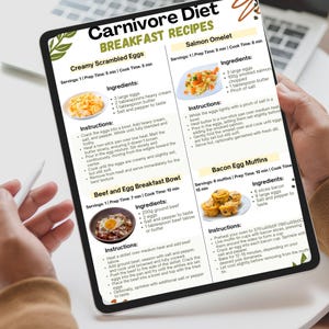 Carnivore Diet Meal Plan printable PDF with 18 animal-based recipes and a bonus food chart. Includes categorized breakfast, lunch, dinner, and snack ideas, plus a visual carnivore food guide. Designed for high protein, low carb, and carnivore-style eating. Suitable for digital use or printing. Includes A4 and US Letter formats. No physical product included.