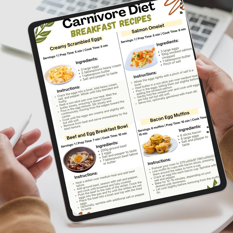 Carnivore Diet Meal Plan printable PDF with 18 animal-based recipes and a bonus food chart. Includes categorized breakfast, lunch, dinner, and snack ideas, plus a visual carnivore food guide. Designed for high protein, low carb, and carnivore-style eating. Suitable for digital use or printing. Includes A4 and US Letter formats. No physical product included.