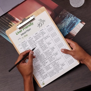 Liver Friendly 7 Day Meal Plan Printable PDF showing a weekly meal plan layout with breakfast, lunch, dinner and snack for each day. Digital food planning document using US measurements, designed as a clean, easy to read printable page. Includes A4 and US Letter formats. Digital download file, no physical item included.