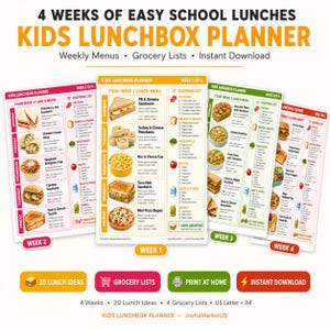 May include: A digital kids lunchbox planner featuring 4 weeks of weekly menus and grocery lists. The document includes text such as 4 WEEKS OF EASY SCHOOL LUNCHES, KIDS LUNCHBOX PLANNER, Weekly Menus, Grocery Lists, Instant Download, and Week 1-4.