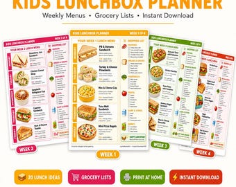 Kids Lunchbox Planner Printable, School Lunch Ideas for Kids, Weekly Meal Plan & Grocery List PDF, Easy School Lunch Organizer for Parents