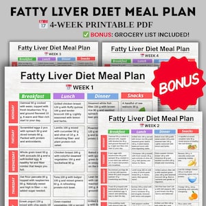 Fatty Liver Diet Meal Plan 4-Week PDF + Grocery List, Fatty Liver Food List Printable, Low Fat Low Sugar Grocery List for NAFLD & NASH