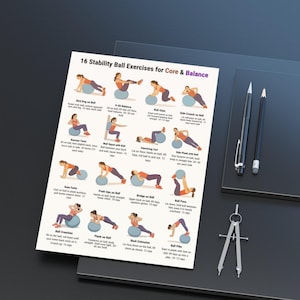 Printable fitness poster showing 16 stability ball exercises for core and balance training, illustrated step-by-step workout chart using an exercise ball, designed as a clean A4 and US Letter PDF for home workouts and gym wall reference.