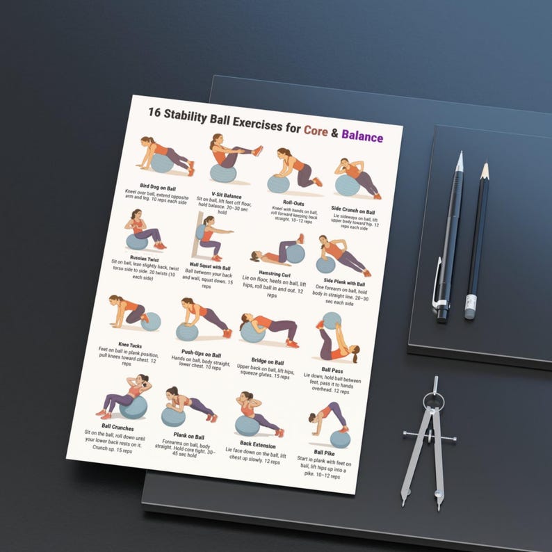 Printable fitness poster showing 16 stability ball exercises for core and balance training, illustrated step-by-step workout chart using an exercise ball, designed as a clean A4 and US Letter PDF for home workouts and gym wall reference.