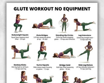 Rutina de ejercicios para glúteos sin equipo (PDF imprimible), tabla de ejercicios para glúteos, póster de ejercicios para la parte inferior del cuerpo en casa para piernas y glúteos.