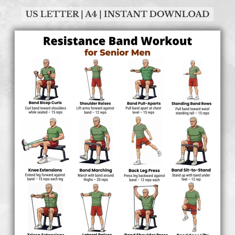 Resistance Band Workout for Senior Men printable poster with 16 seated and standing resistance band exercises for home strength training PDF