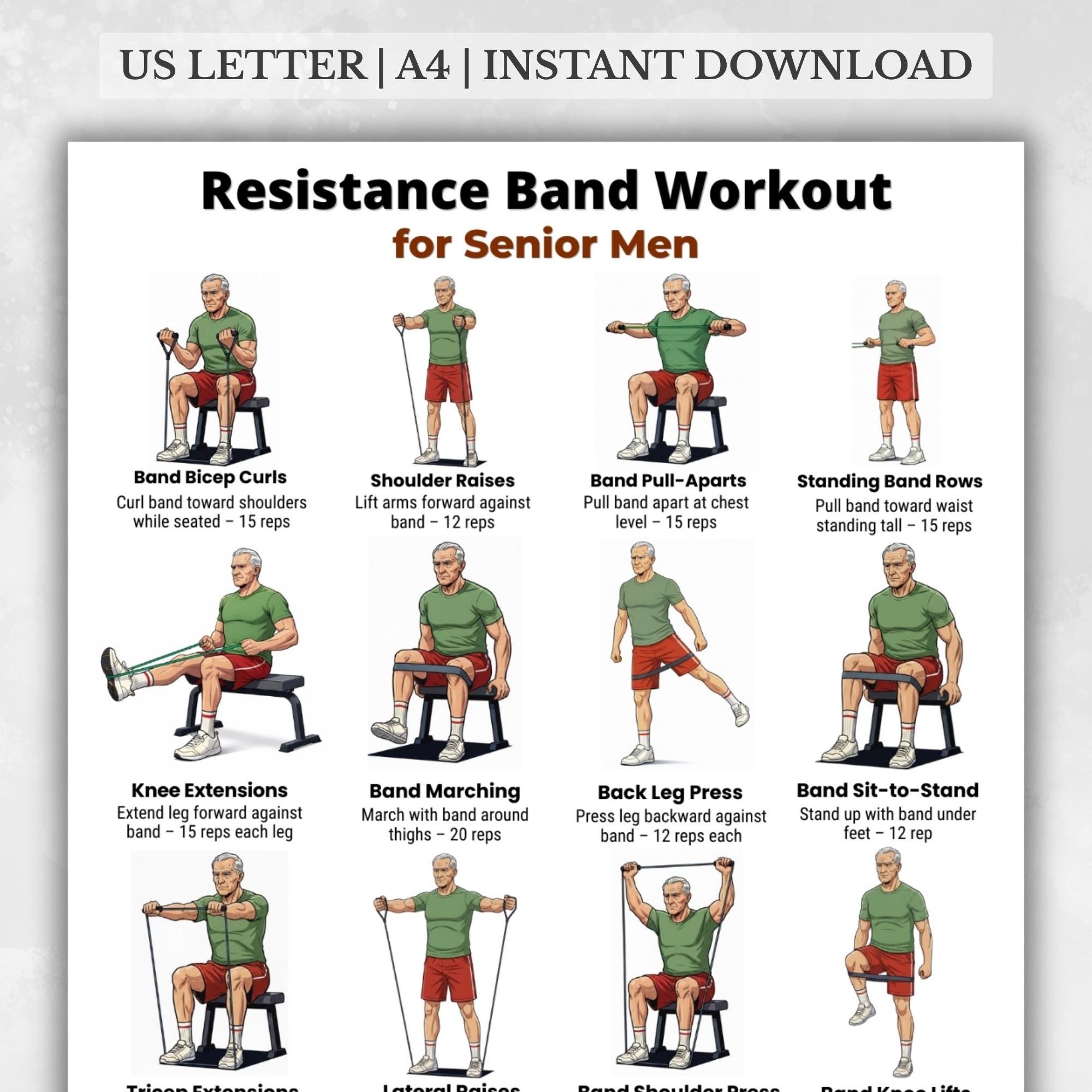 Resistance Band Workout for Senior Men Printable PDF, 16 Band Exercises ...