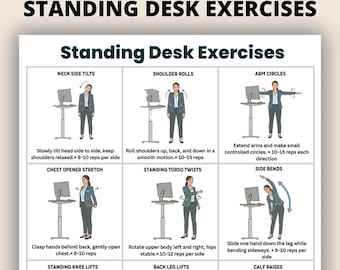 Ejercicios de pie para trabajar de pie en el escritorio (imprimibles) / Póster de entrenamiento para la oficina / 12 ejercicios de pie para trabajar de pie en el escritorio / PDF de fitness para trabajar desde casa