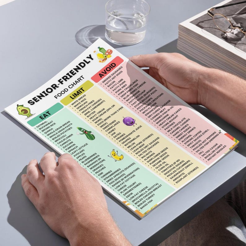 Senior Friendly Food List printable chart with 35 foods to eat, 35 foods to limit, and 35 foods to avoid, A4 and US Letter sizes, clear design for elderly diet planning.