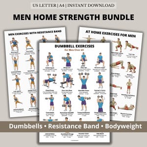 Puede incluir: Un paquete de fitness con guías de ejercicios para hombres. Incluye ejercicios con mancuernas, bandas de resistencia y peso corporal. Las guías presentan ilustraciones de varios ejercicios, como sentadillas, remo y press, con instrucciones para cada movimiento. El texto "MEN HOME STRENGTH BUNDLE" está en la parte superior.