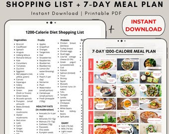 Plan de comidas de 1200 calorías (PDF): Menú de 1200 calorías para 7 días, Lista de la compra de 1200 calorías, Planificador de comidas bajas en calorías imprimible, Descarga instantánea