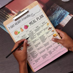 Printable 7-day heart-friendly meal plan PDF with clean eating ideas for breakfast, lunch, dinner, and snacks. Includes eat, limit, and avoid food chart. Designed for low sodium and whole food grocery planning. Suitable for those following a heart-conscious lifestyle or looking to organize weekly meals. US Letter and A4 formats. Instant digital download.